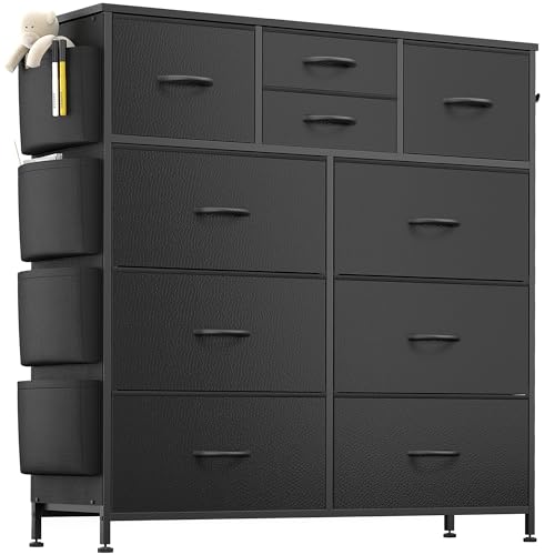 Lulive Dresser for Bedroom with 10 Drawers, Chest of Drawers with Side Pockets and Hooks, PU Storage Dresser, Organizer Unit for Living Room, Hallway, Closet (Black)