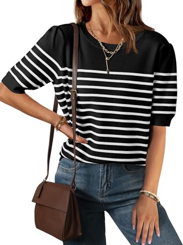 ZESICA Women's Casual Striped Tops Short Sleeve Crew Neck Ribbed Knit T Shirts Comfy Loose Basic Pullover Sweater,Black,Small