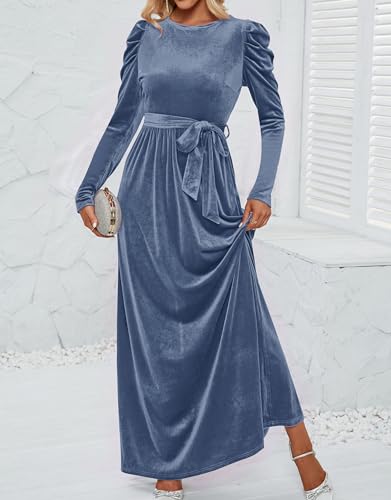 ZESICA Women's Velvet Maxi Dress Long Puff Sleeve Crew Neck Elastic High Waist Cocktail Party Bridesmaid Dresses,Black,Medium