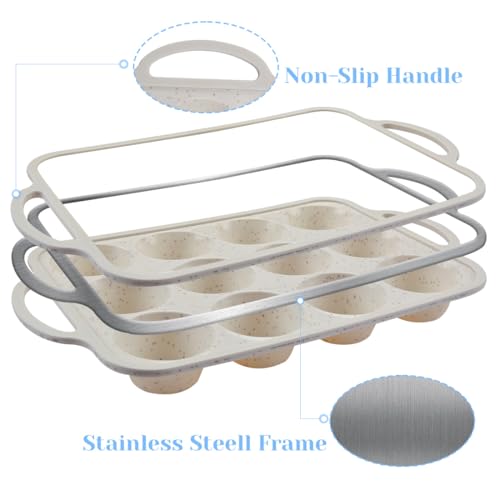 Silicone Muffin Pan with Metal Reinforced Frame - 12-Cup Mini Muffin Pan for Homemade Muffins, Cupcakes, Muffin Cakes, and Bread, Oven and Dishwasher Safe - Beige With Coffee-Colored Specks