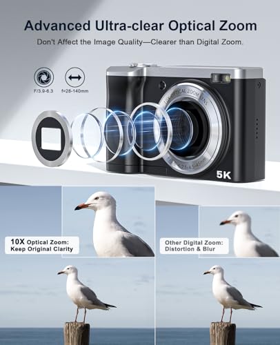 5K Digital Camera with 64GB Card, Touch Screen & 10X Optical Zoom, 56MP Front and Rear Camera with Autofocus 6-axis Anti-Shake, Selfie Vlogging Camera for Photography and Video, Ultra Bright Flash