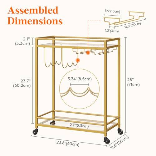 Lifewit Bar Cart, Home Serving Cart with 2 Tier Glass Shelves, Liquor Rolling Cart with Lockable Wheels, Glass Holder and Wine Rack, Beverage Cart for Kitchen Dining Living Room, Gold