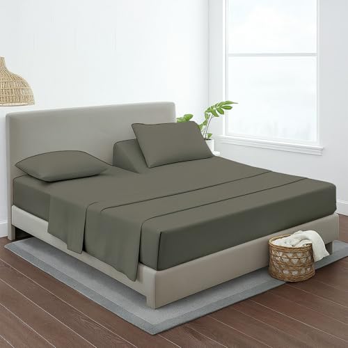 MyGiza Sheets 4 Pcs Top Split King Sheet Sets for Adjustable Bed, 100% Giza Cotton Perfect for Sleep Number Beds, King 34" Down Flex Head, Fits 16" Deep Mattress, Dark Grey Solid