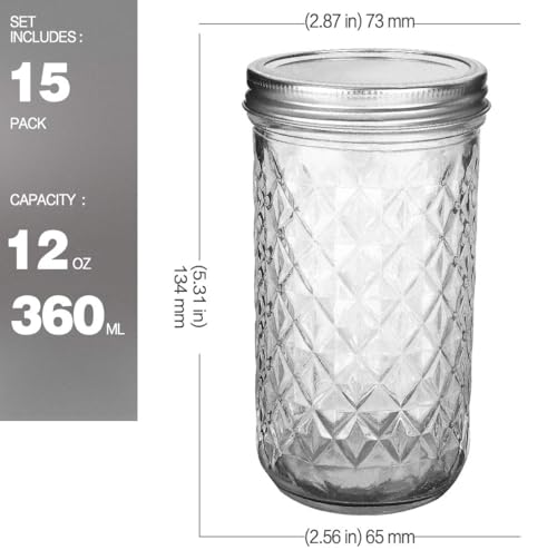 VERONES Mason Jars 12 OZ, Canning Jars Jelly Jars With Regular Lids, Ideal for Jam, Honey, Wedding Favors, Shower Favors,15 PACK