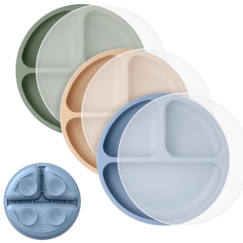 Cutebe 3 Pack Toddler Plates with Lids Baby Plates with Soft Material Silicone Suction Plates for Baby with Divided Design & Raised Edges Suction Plates for Feeding