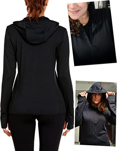 COOrun Women's UPF 50+ Sun Protection Hoodie Jacket Lightweight Full Zip Running Jacket Athletic Jacket with Thumb Holes Black S