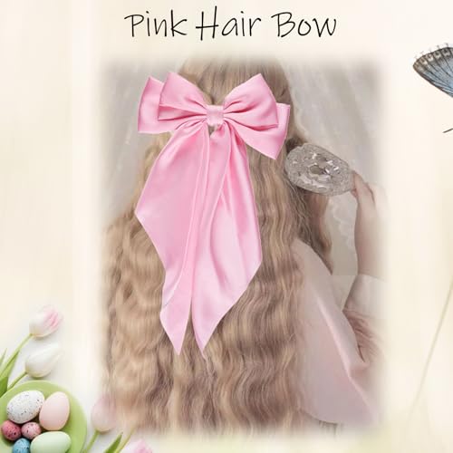 Wdnew 3Pcs Large Satin Hair Bows for Women - Bow Clips, Hair Barrettes and Accessories (3 count, Black Pink White)