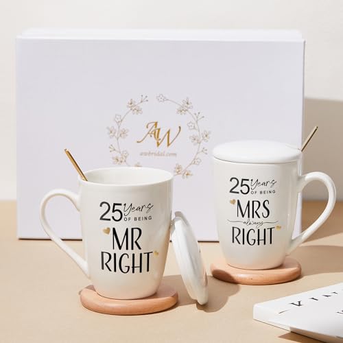 AW BRIDAL 25th Wedding Anniversary Mr and Mrs Gifts Set Novelty Coffee Mugs Set of 2, 12 OZ| Anniversary 25th Gifts for Parents, His and Hers Gifts, Ceramic Couple Gifts for Wife and Husband