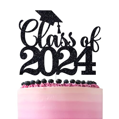 Class of 2024 Cake Topper 6Pcs Glitter Congrats Grad 2024 Congrats Graduation Party Decorations Supplies, Black