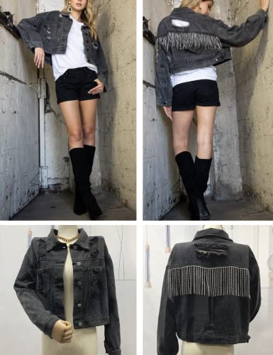 Joiemont Womens Denim Jacket with Fringe Rhinestones Long Sleeve Distressed Ripped Denim Jackets with Pockets(0025-Black-S)