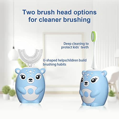 Kids Electric Toothbrushs U Shaped sonic Automatic Toothbrush with 4 Brush Heads, Six Cleaning Modes,Cartoon deer Modeling , full mouth toothbrush for baby