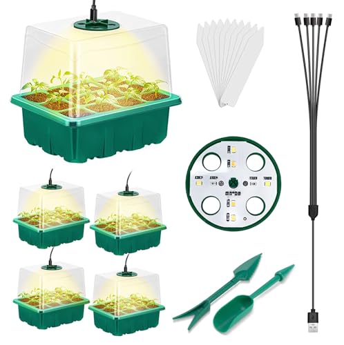 CANNABMALL Seed Starter Tray with Grow Light 8 LEDs, 5 Packs Seedling Starter Trays with Humidity Dome (60 Cells), Seed Starting Trays Seed Starter Kit Indoor Gardening Plant Germination Trays