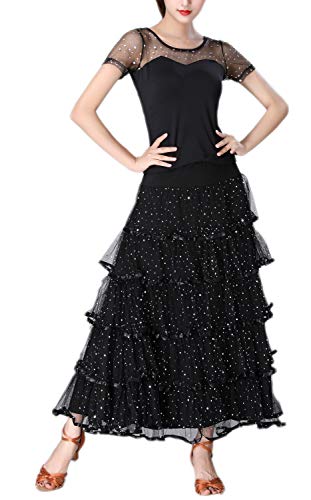 CISMARK Elegant Sequins Long Swing Ballroom Latin Dance Skirt for Girls(Black)