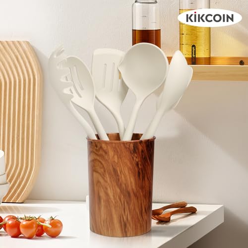 23 PCS Kitchen Utensils Set, Kikcoin Wood Handle Silicone Cooking Utensils Set with Holder, Spatulas Silicone Heat Resistant Cooking Gadgets for Nonstick Cookware, Black