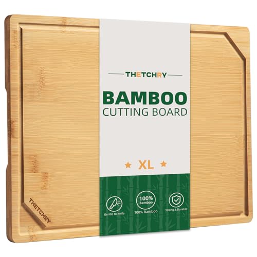 THETCHRY Organic Bamboo Cutting Board Set of 3-Large Wood Cutting Board SET for Kitchen,Wooden Chopping Boards with Juice Grooves & Built in Side Handles