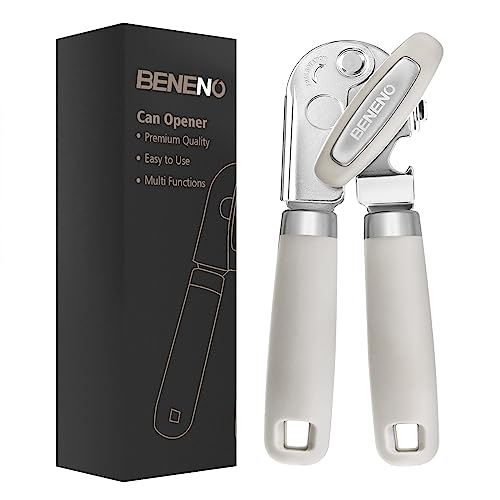 Can Opener Manual, Can Opener with Magnet, Hand Can Opener with Sharp Blade Smooth Edge, Handheld Can Openers with Big Effort-Saving Knob, Can Opener with Multifunctional Bottles Opener, Red