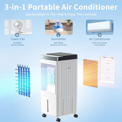 Portable Air Conditioners, Evaporative Air Cooler [40Hrs Lasting], Portable ac Unit w/ 2 Gal Water Tank & 3 Speeds, Personal Air Cooler with Remote, Fast Cooling Windowless Air Conditioner for Room