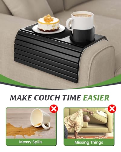 BS-VOG Couch Cup Holder, Couch Arm Tray with 360° Rotating Drink Holder, Foldable Anti-Slip Couch Arm Table, Sofa Armrest Tray Clip on Wide Couches for Eating, Snacks, Remote (Gray)