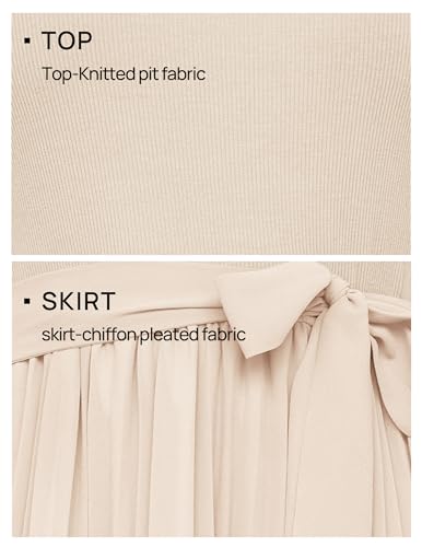 ZESICA Womens Summer Short Sleeve Midi Dresses Spring Casual Crew Neck Knit Belted Pleated A Line Flowy Wedding Guest Dress,Apricot,Small