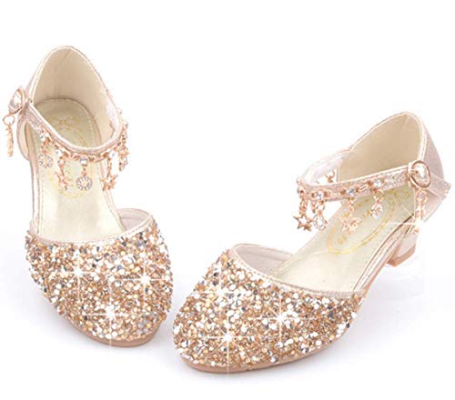 LFHT Little Kids Girls Dress Pumps Glitter Sequins Princess Low Heels Mary Jane Party Dance Shoes Rhinestone Sandals (8 M US Toddler, Golden)