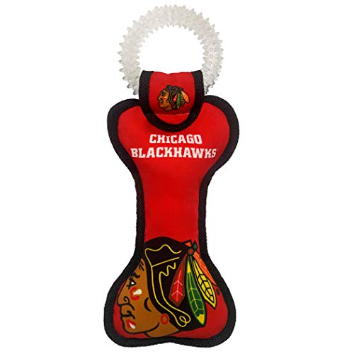 Pets First NHL Chicago Blackhawks Dental Dog TUG Toy with Squeaker. Tough PET Toy for Healthy Fun, Teething & Cleaning Pet's Teeth & Gum., one Size (BHK-3310)