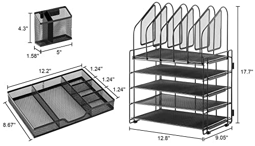 Lavatino 5 Tier Desk File Organizer, Letter Tray Paper Organizer with Pen Holders, Office Supplies Desk Accessories & Workspace with Sliding Drawers, Desk File Holder for Office, School, Home, Black