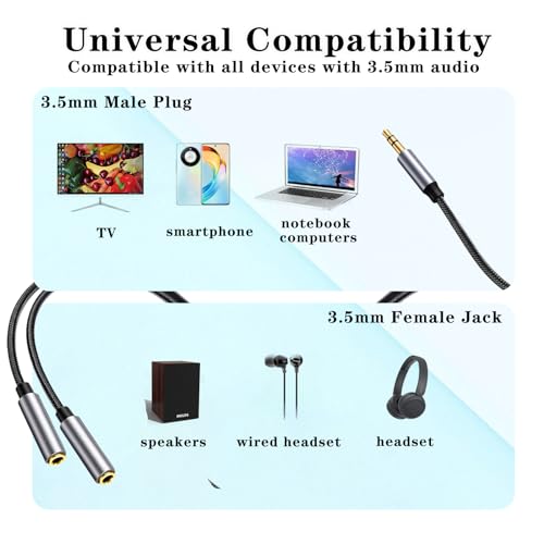 1FT Headphone Splitter for 2 Headphones Stereo Audio Cable Splitter 3.5mm Male TRS to Dual 3.5mm Female Aux Splitter 1 in 2 out for PS4, PS5, Nintendo Switch, PC Gaming Headset, Cell Phone