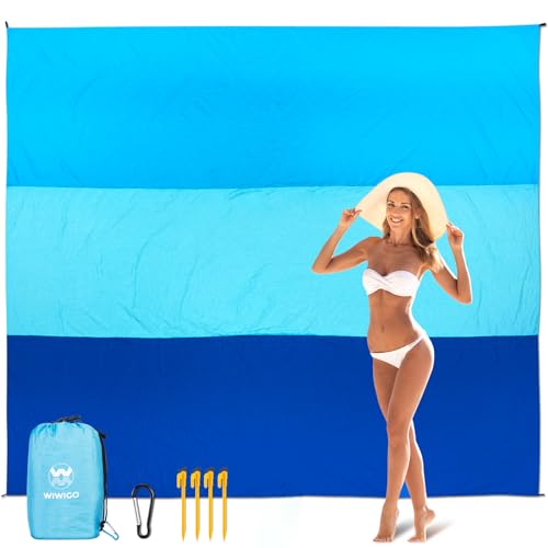 WIWIGO Beach Blanket Sandproof Extra Large Beach Mat Adults Waterproof Quick Drying Sand Free Mat Made by Premium Polyester with 4 Stakes & 4 Corner Pockets for Outdoor Travel Camping Hiking