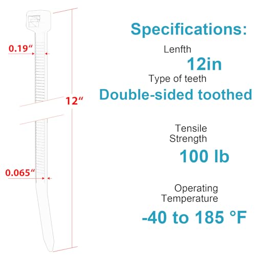 12 Inch Zip Ties Double Sided Toothed,100 LBS Tensile Strength Heavy Duty Cable Wire Ties With Self-Locking Adjustable More Durable Nylon Tie Wraps for Indoor Outdoor（100 Pack）
