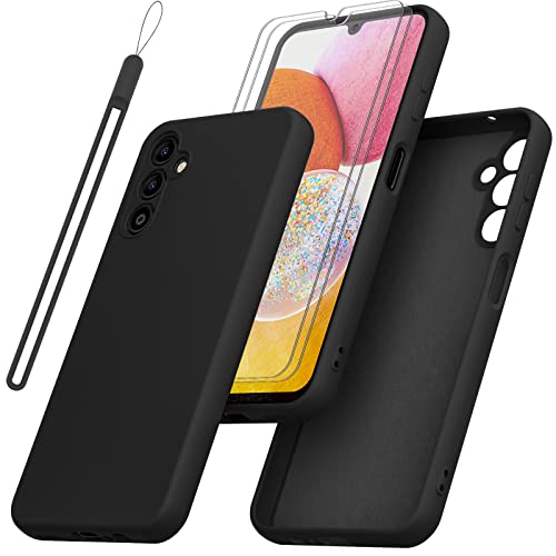 Jasmeas for Samsung Galaxy A14 5G/4G Case with 2 Tempered Glass Screen Protector, Liquid Silicone with Soft Anti-Scratch Microfiber Lining Shockproof Protective Cover for Galaxy A14 5G/4G-Black