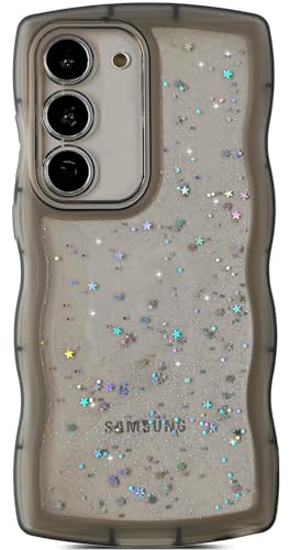 Qokey for Galaxy S21 Case 6.2", Curly Wavy Anti-Slip Grip Design Transparent Bling Glitter Star Shiny Case Cute Clear Sparkly Bumper Protection Soft Phone Cover Case for Women Girls, Black