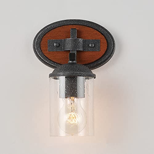 Globe Electric 51855 Kingston 1-Light Vanity Light, Dark Faux Wood, Galvanized Metal Accents, Clear Seeded Glass Shade, Bulb Not Included
