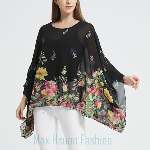 Max Hsuan Women's Loose Solid Sheer Chiffon Caftan Poncho Batwing Tunic Top Blouse Summer Oversized Shirts Floral White