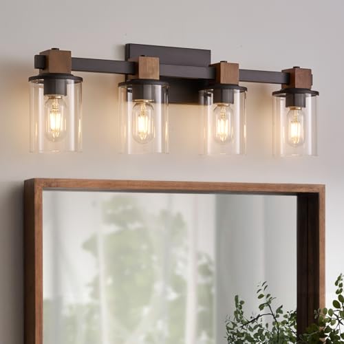 PUNSOKO Farmhouse Vanity Light Fixture, 3 Light Bathroom Wood Wall Light Over Mirror with Clear Glass Shade, Rustic Bathroom Vanity Light (Antique Wood, 3-Light)