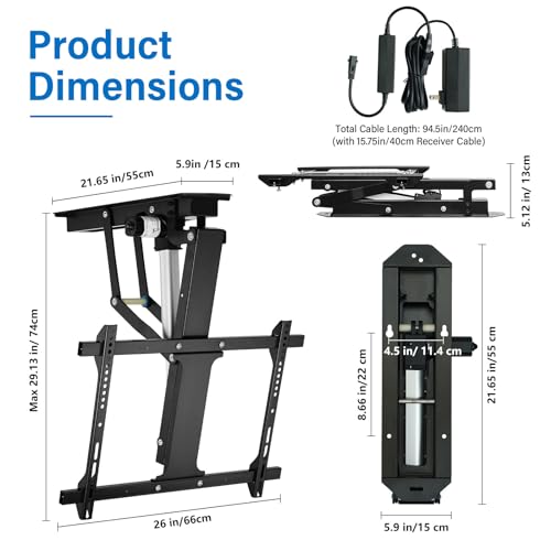 TOPSKY Electric Adjustable Ceiling TV Mount with Remote, Motorized Flip Down Pitched Roof TV Mount for 32 to 70 Inch Flat and Curved Screen TVs (Black)