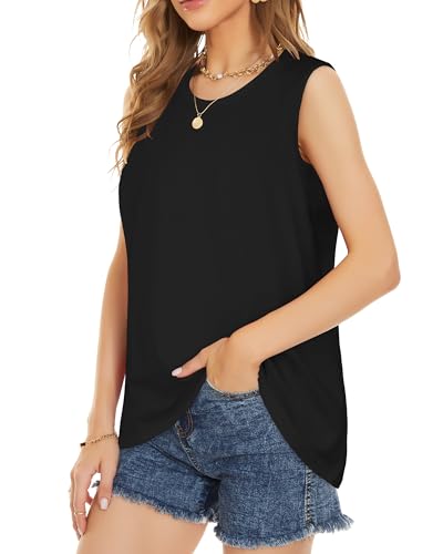 Womens Summer Tops Sleeveless Top Crewneck Cute Printed Tunic Shirts (Blue White Flowers, M)