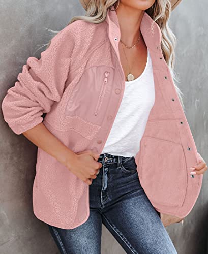 ZESICA Women's Fall Winter Sherpa Fleece Jacket Casual Long Sleeve Button Down Fuzzy Shacket Outerwear Coat,Apricot,Small