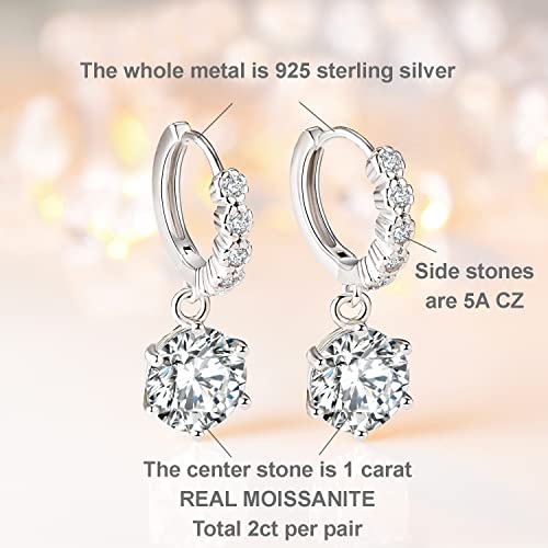 2-6CT Moissanite Hoop Earrings for Women, 6P D Color Ideal Cut 925 Sterling Silver Simulated Diamond Dangle Earrings with Certificate of Authenticity (2CT)