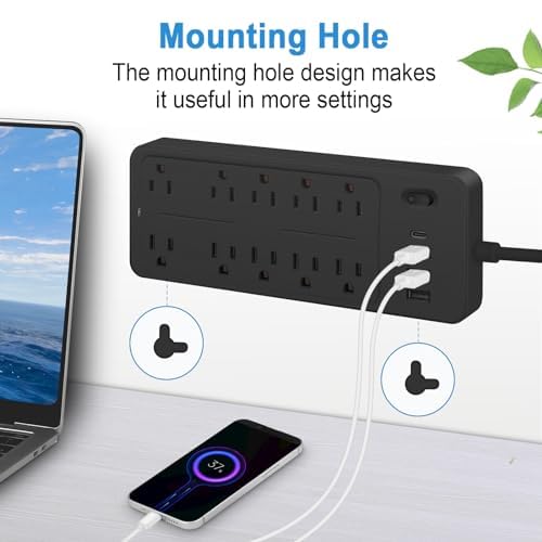 Asamoom 15 FT 14-in-1 Power Strips with Surge Protection 1700J,10 Outlets with 4 USB Ports (1 USB C) Long Extension Cord with Multiple Outlets 16Awg 1625W/13A Flat Plug Power Strip Protector Black