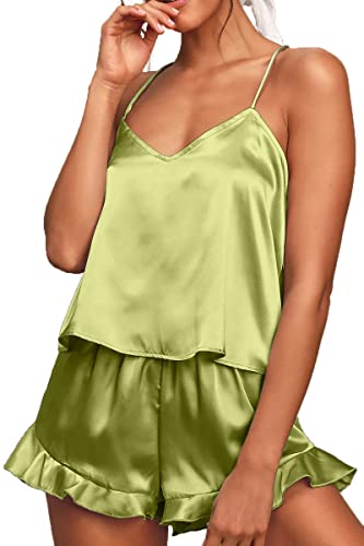 CHYRII Women's Sexy Silk Satin PJS Racerback Cami Tops and Ruffled Hem Shorts 2 PCS Pajamas Sets Nightwear Red S
