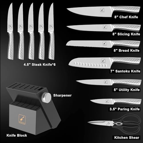 imarku Knife Set,14-Piece Knife Sets for kitchen with block,Premium One-Piece Kitchen Knife Set with Sharpener,High Carbon Stainless Steel Knives Set for Kitchen,Dishwasher Safe,Black