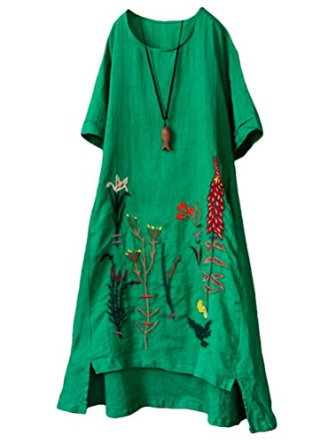 Minibee Women's Embroidered Linen Dress Summer A-Line Sundress Hi Low Tunic Clothing Green M