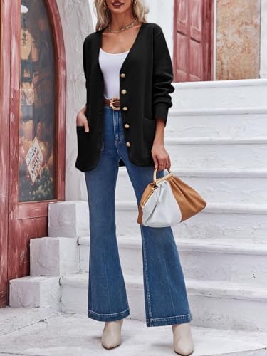 Saodimallsu Womens V Neck Cardigan Button Loose Knit Sweater Blazer Open Front Elegant Cardigans with Pockets Wine Red