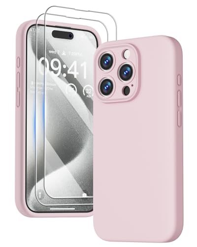 GOODVISH Compatible with iPhone 15 Pro Case, Silicone Upgraded [Enhanced Camera Protection] Phone Case with [2 Screen Protectors], Soft Anti-Scratch Microfiber Lining Inside, 6.1 inch, Sand Pink