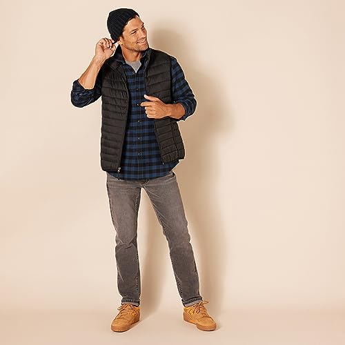Amazon Essentials Men's Slim-Fit Long-Sleeve Button Down Plaid Flannel Shirt, Navy Red Plaid, Small