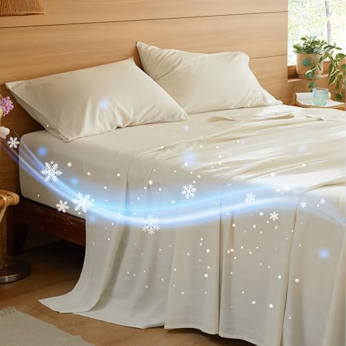 Bedsure Cooling Sheets for Hot Sleeper, Lyocell Cotton Queen Size Sheets, Temperature Regulating & Breathable Bed Sheets with Deep Pocket, 4 Pieces Soft Queen Sheets - Grey