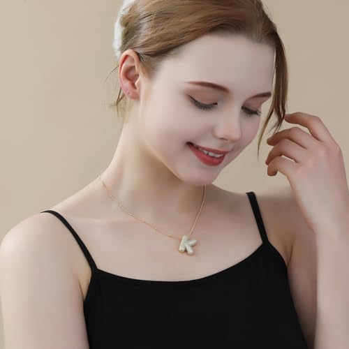 Apsvo Bubble Letter Necklace Gold, Balloon Initial W Necklaces Rhinestone Puff Letter Pendant Chunky Alphabet Necklace for Women