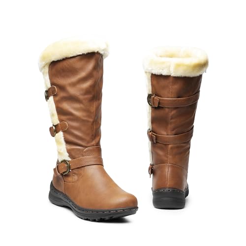 DREAM PAIRS Women's Fully Faux Fur Lined Triple Buckle Ruched Snow Knee High Winter Boots Black PU Size 12