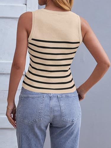 MEROKEETY Women's Ribbed Knit Tank Top 2024 Summer Casual High Neck Striped Sleeveless Shirts, Apricot, XS