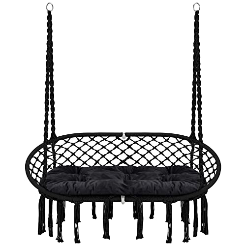 Homgava Hammock Chair Macrame Hanging Swing with Cushion,Hanging Cotton Ropes, Metal Frame, 450 lbs Capacity Indoor Outdoor, Patio, Balcony, Living,Deck, Yard, Garden(Double Swing)